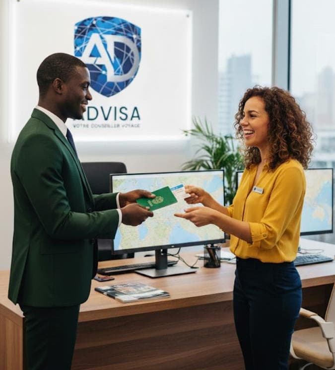 Remise d’un passeport à une cliente au comptoir de l’agence ADVISA